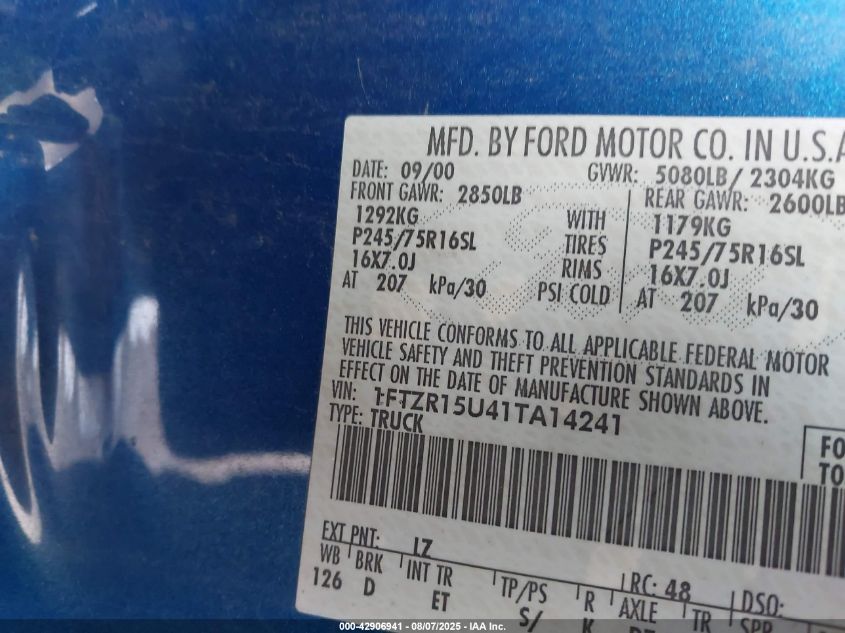 2001 Ford Ranger Edge/Xlt VIN: 1FTZR15U41TA14241 Lot: 42906941