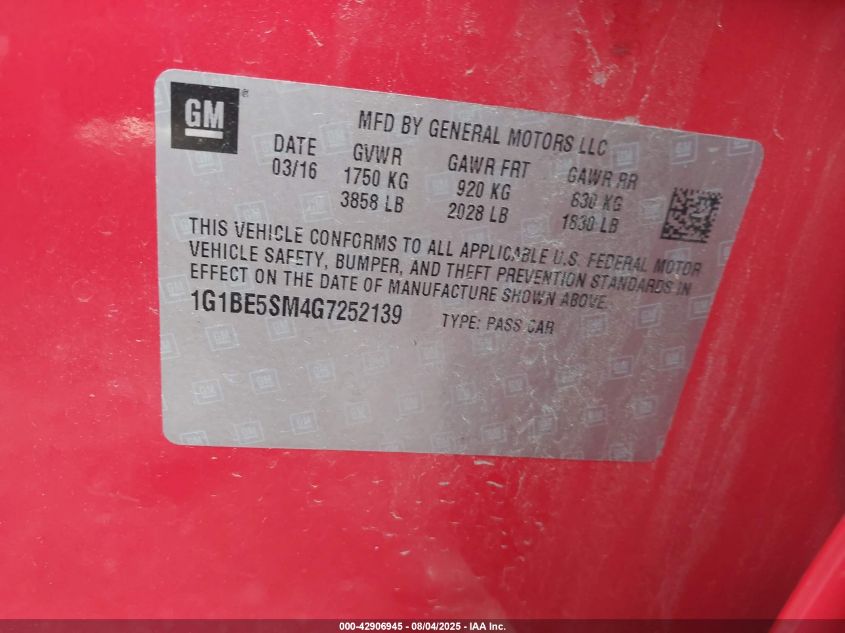 2016 Chevrolet Cruze Lt Auto VIN: 1G1BE5SM4G7252139 Lot: 42906945