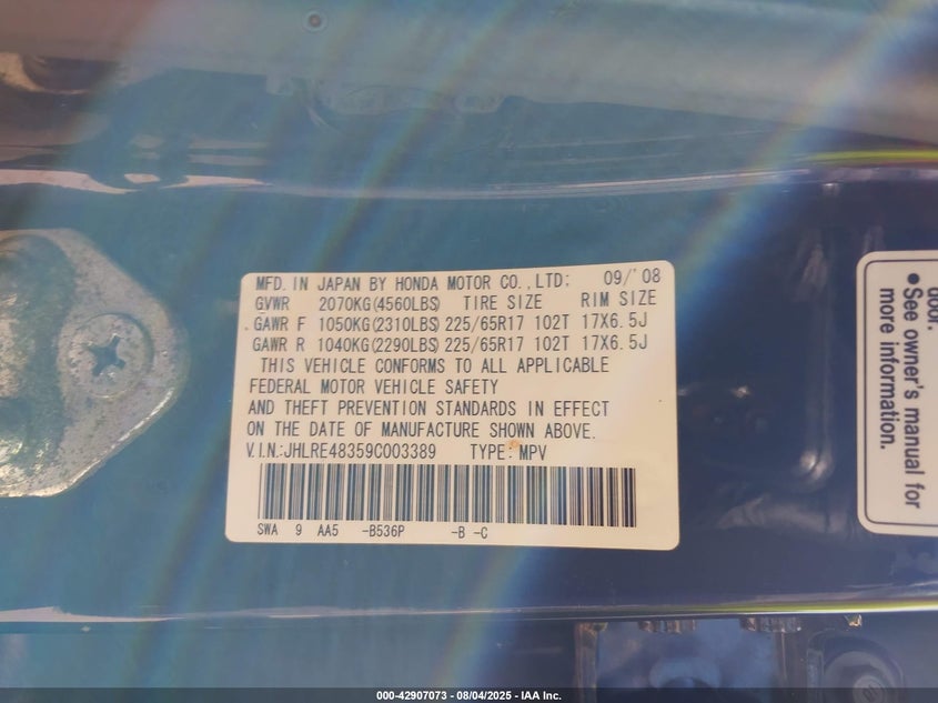 2009 Honda Cr-V Lx VIN: JHLRE48359C003389 Lot: 42907073