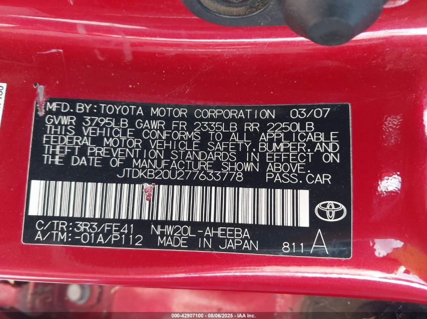 2007 Toyota Prius VIN: JTDKB20U277633778 Lot: 42907100
