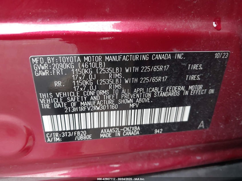 VIN 2T3H1RFV2RW301160 2024 TOYOTA RAV4 LE