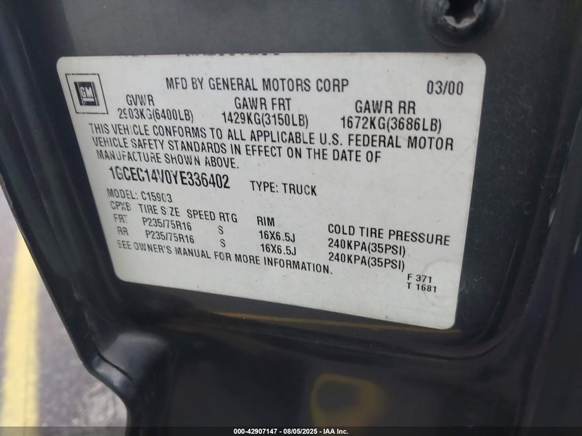 2000 Chevrolet Silverado 1500 VIN: 1GCEC14V0YE336402 Lot: 42907147