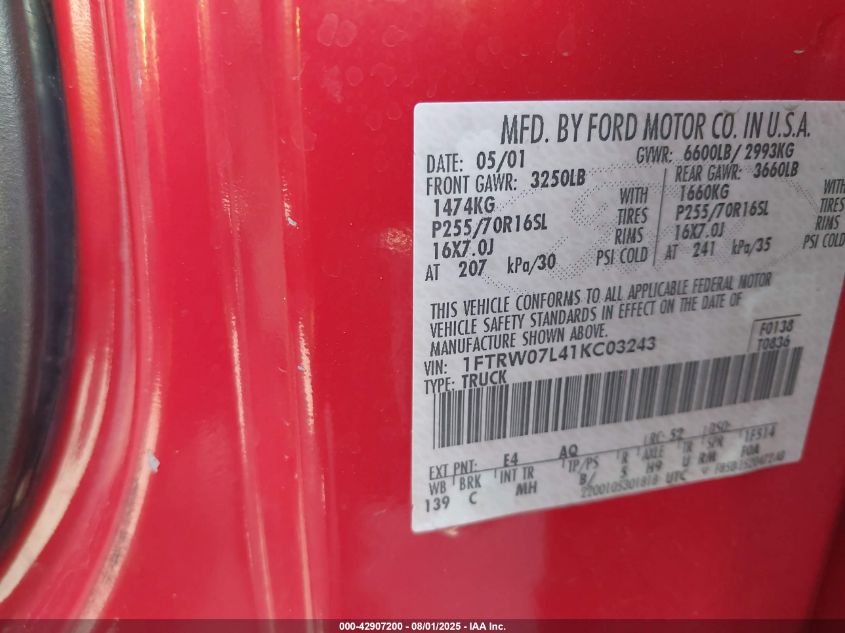 2001 Ford F-150 Harley-Davidson Edition/King Ranch Edition/Lariat/Xlt VIN: 1FTRW07L41KC03243 Lot: 42907200