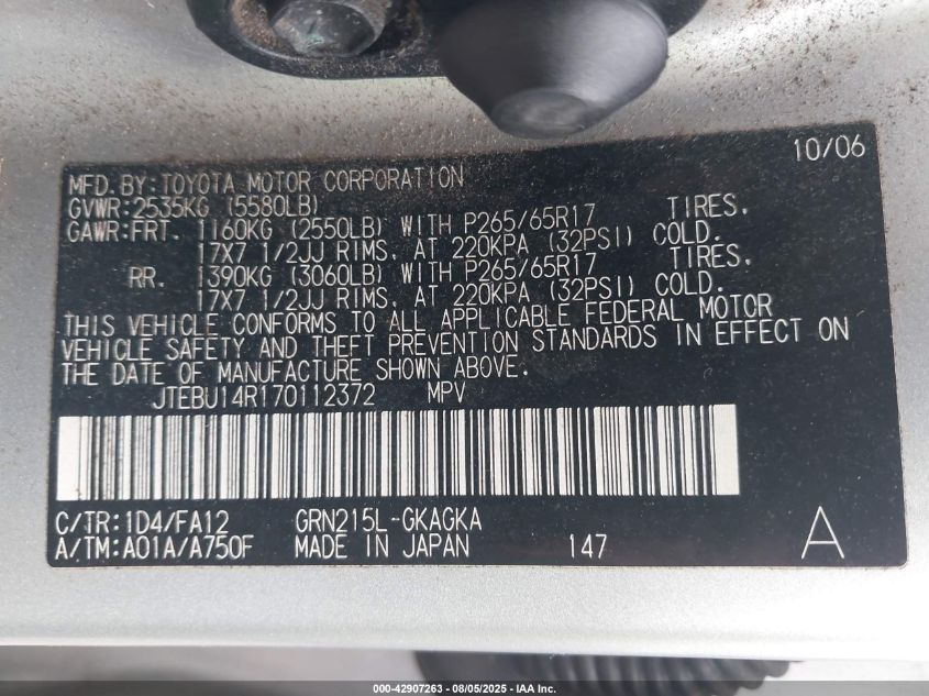 2007 Toyota 4Runner Sr5 V6 VIN: JTEBU14R170112372 Lot: 42907263