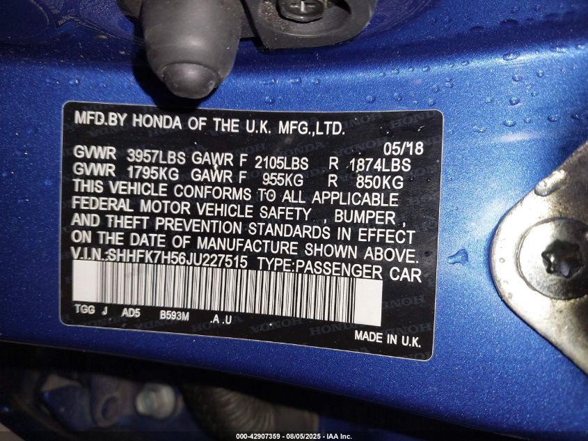 2018 Honda Civic Ex VIN: SHHFK7H56JU227515 Lot: 42907359