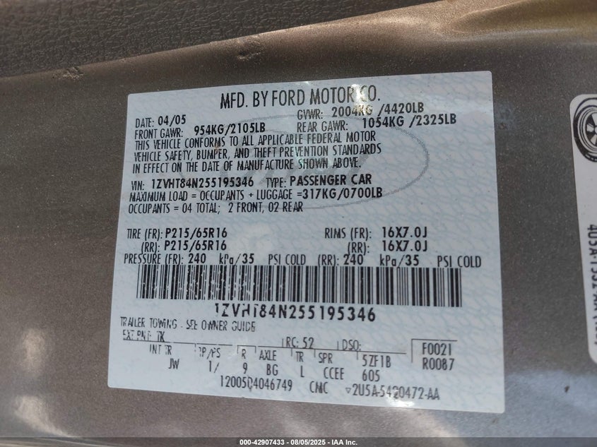 2005 Ford Mustang VIN: 1ZVHT84N255195346 Lot: 42907433