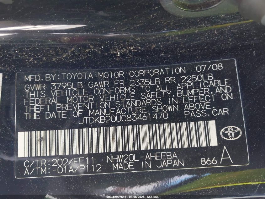 2008 Toyota Prius VIN: JTDKB20U08346147 Lot: 42907516