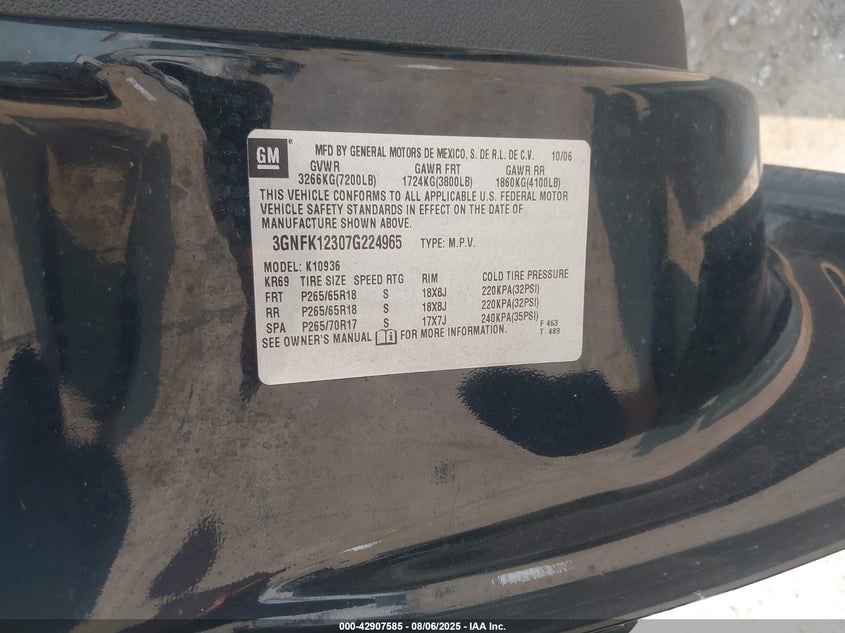 2007 Chevrolet Avalanche 1500 Lt VIN: 3GNFK12307G224965 Lot: 42907585