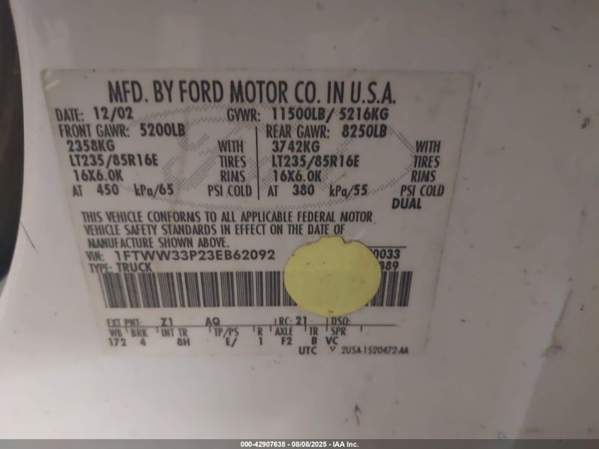 2003 Ford F-350 Lariat/Xl/Xlt VIN: 1FTWW33P23EB62092 Lot: 42907638