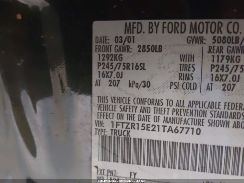 2001 Ford Ranger Edge/Xlt VIN: 1FTZR15E21TA67710 Lot: 42907662