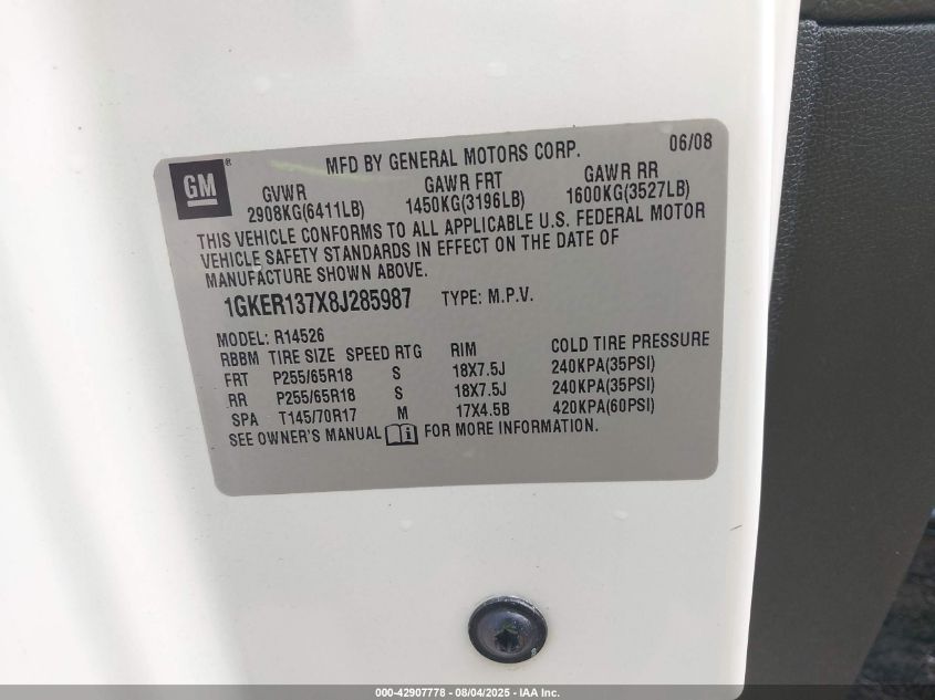 2008 GMC Acadia Sle-1 VIN: 1GKER137X8J285987 Lot: 42907778