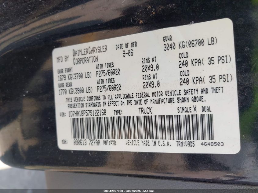 2007 Dodge Ram 1500 Slt VIN: 1D7HA18P57S122168 Lot: 42907960