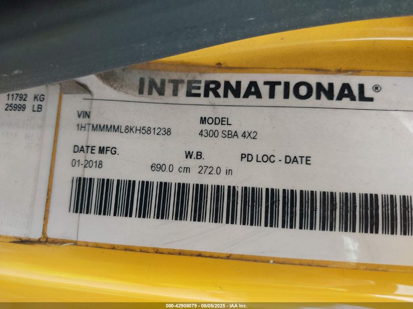 2019 International Durastar 4300 VIN: 1HTMMMML8KH581238 Lot: 42908079