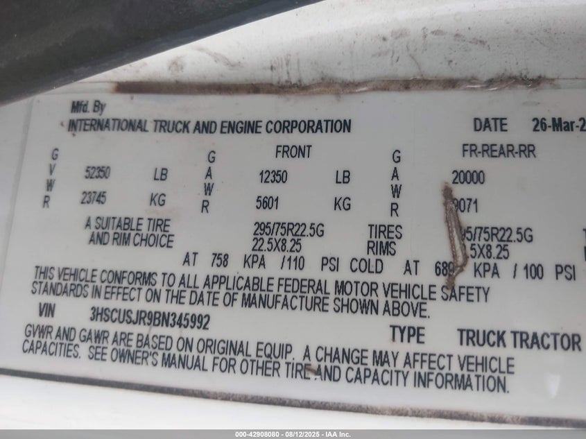 2011 International Prostar Premium VIN: 3HSCUSJR9BN345992 Lot: 42908080