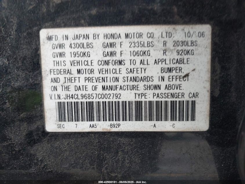 2007 Acura Tsx VIN: JH4CL96857C002792 Lot: 42908151