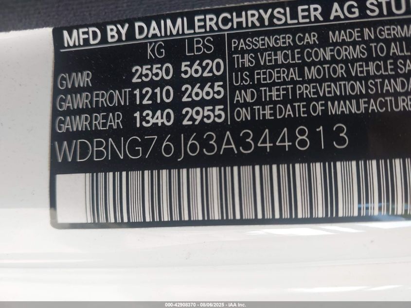 2003 Mercedes-Benz S 600 VIN: WDBNG76J63A344813 Lot: 42908370