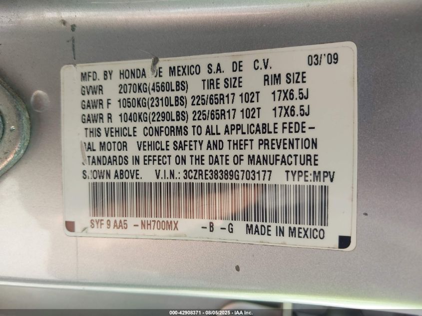 2009 Honda Cr-V Lx VIN: 3CZRE38389G703177 Lot: 42908371