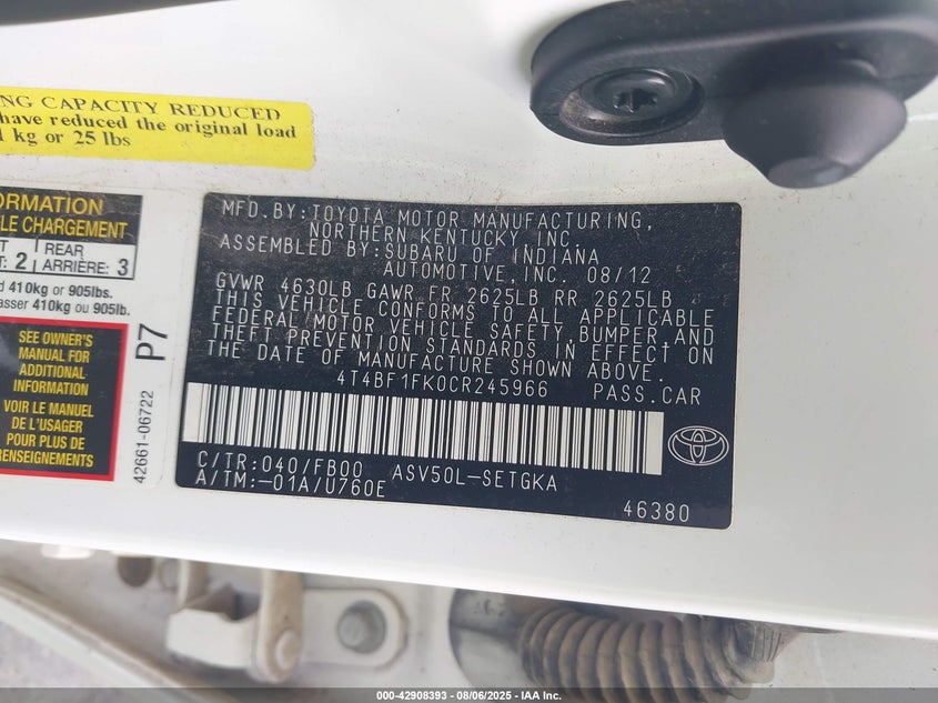 2012 Toyota Camry Xle VIN: 4T4BF1FK0CR245966 Lot: 42908393