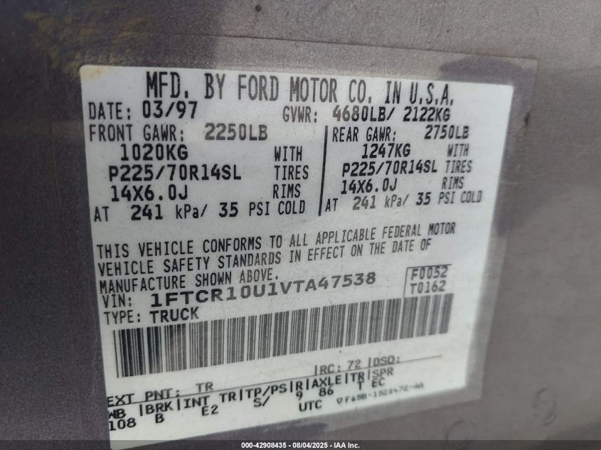 1997 Ford Ranger Splash/Xl/Xlt VIN: 1FTCR10U1VTA47538 Lot: 42908435