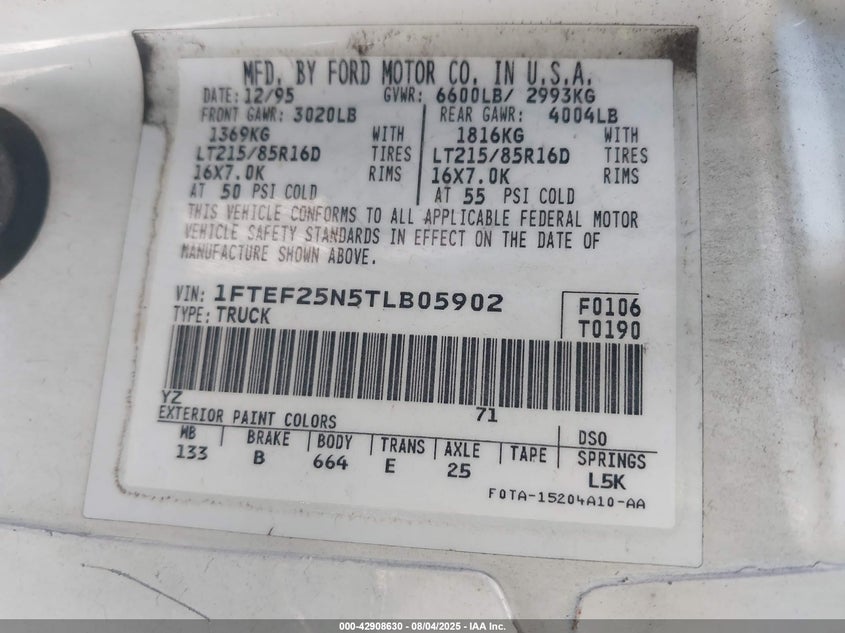1996 Ford F250 VIN: 1FTEF25N5TLB05902 Lot: 42908630