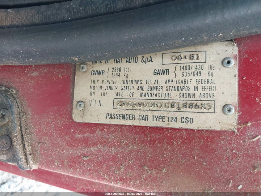1982 Fiat 124 Spider VIN: ZFAAS00B1C8188623 Lot: 42908636