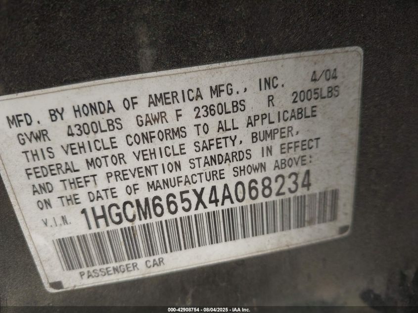 2004 Honda Accord 3.0 Ex VIN: 1HGCM665X4A068234 Lot: 42908754