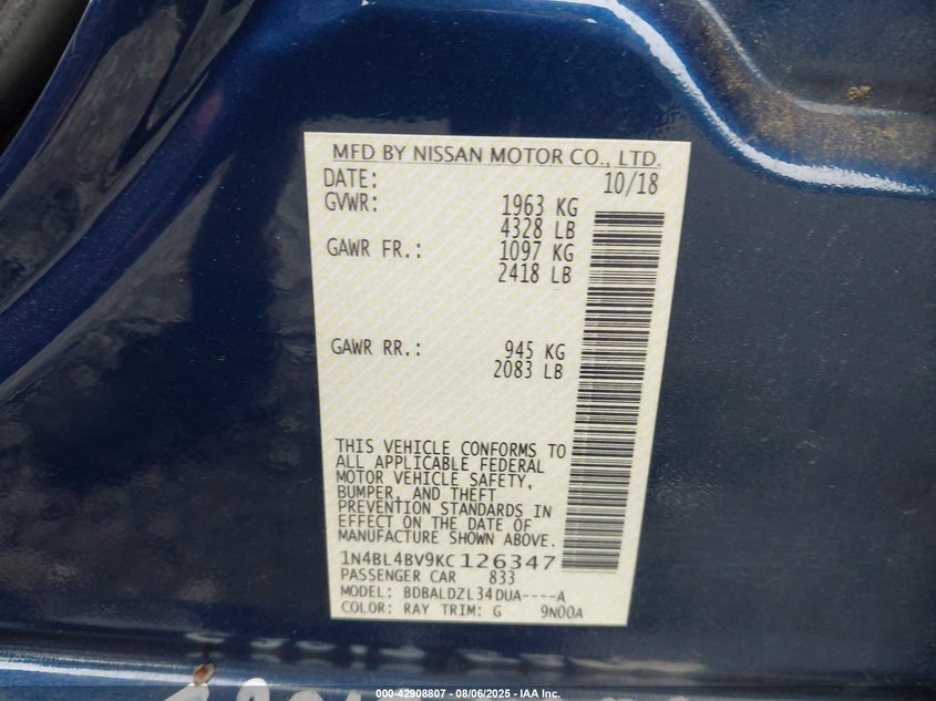 2019 NISSAN ALTIMA 2.5 S - 1N4BL4BV9KC126347