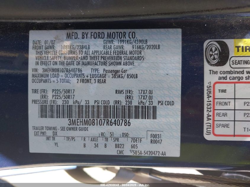 2007 Mercury Milan V6 Premier VIN: 3MEHM08107R640786 Lot: 42908848