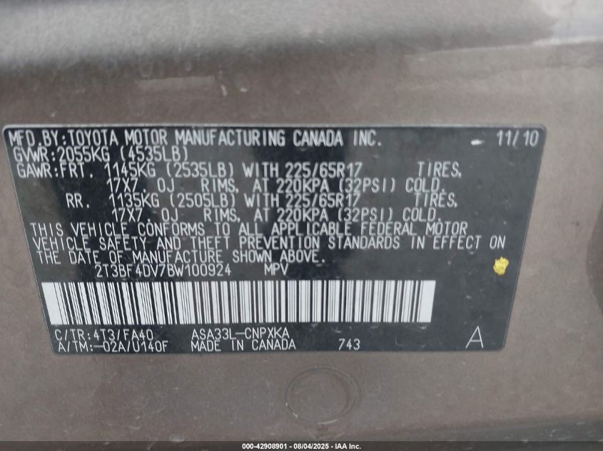 2011 Toyota Rav4 VIN: 2T3BF4DV7BW100924 Lot: 42908901