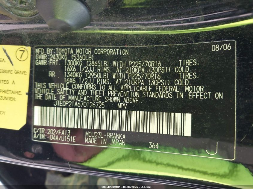 2007 Toyota Highlander V6 VIN: JTEDP21A670126725 Lot: 42909101