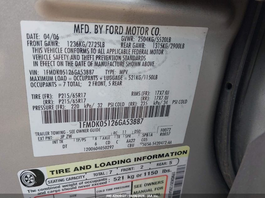 2006 Ford Freestyle Sel VIN: 1FMDK05126GA53887 Lot: 42909127