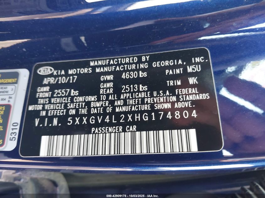 2017 Kia Optima Sxl Turbo VIN: 5XXGV4L2XHG174804 Lot: 42909178