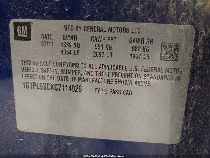2012 Chevrolet Cruze 1Lt VIN: 1G1PL5SCXC7114926 Lot: 42909197