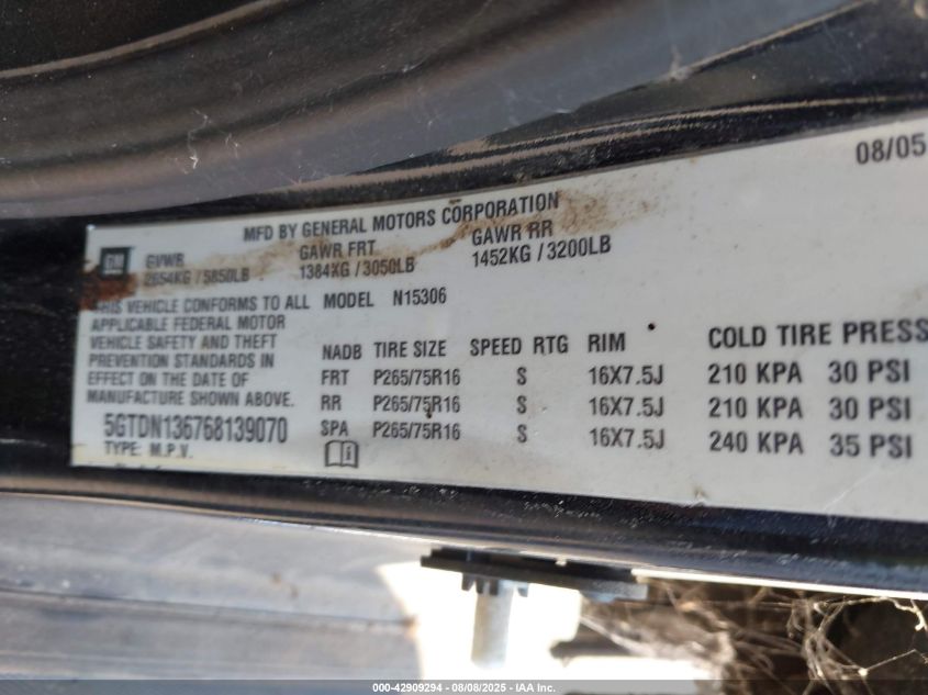 2006 Hummer H3 VIN: 5GTDN13676813907 Lot: 42909294