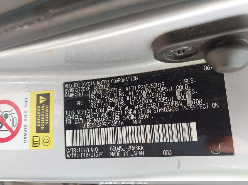 2009 Toyota Highlander Sport VIN: JTEES43A992138516 Lot: 42909322