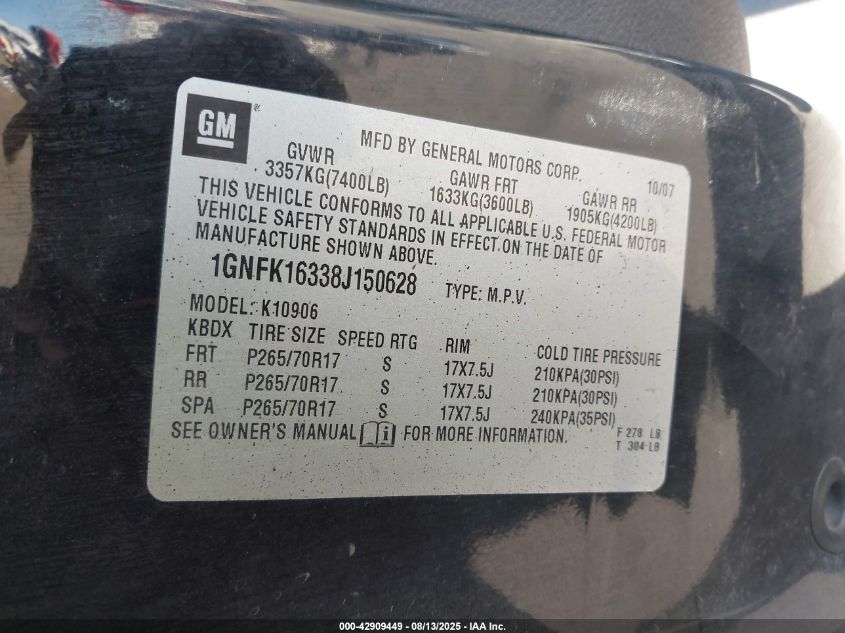 2008 Chevrolet Suburban 1500 Lt VIN: 1GNFK16338J150628 Lot: 42909449