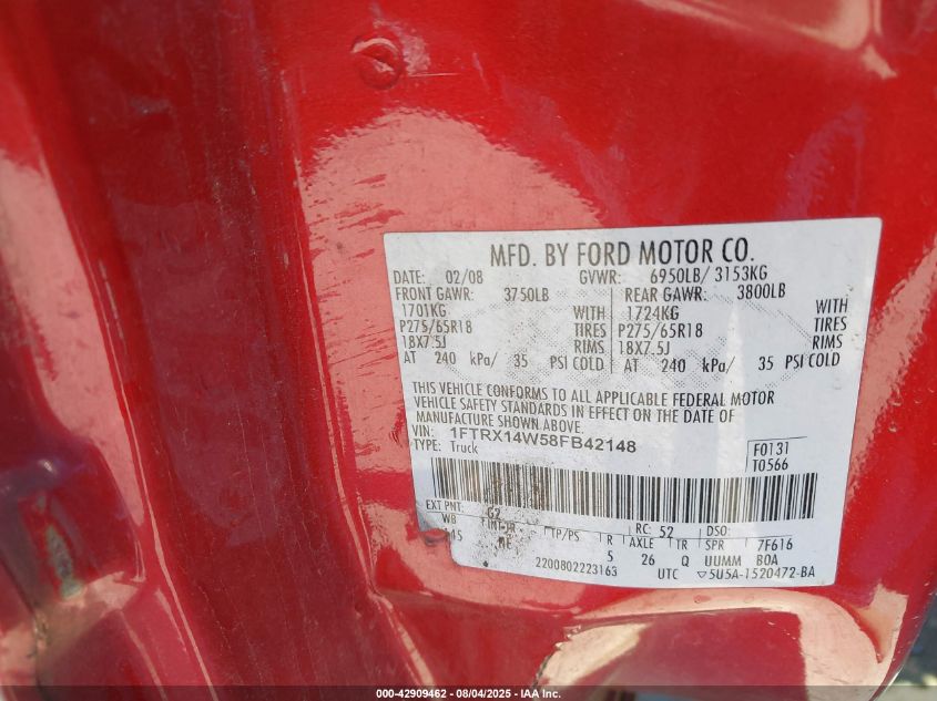 2008 Ford F-150 Stx/Xl/Xlt VIN: 1FTRX14W58FB42148 Lot: 42909462