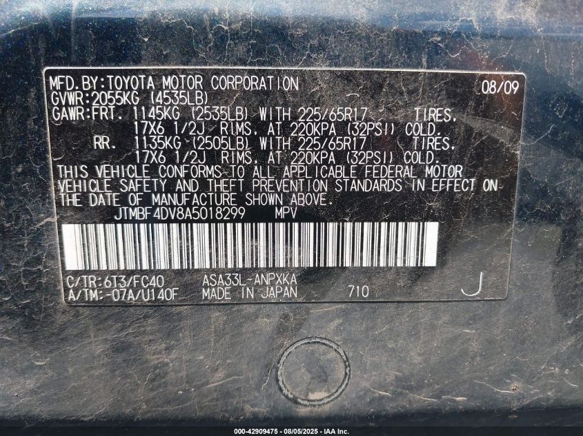 2010 Toyota Rav4 VIN: JTMBF4DV8A5018299 Lot: 42909475