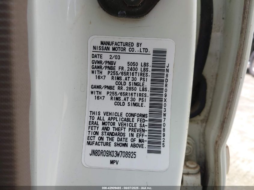 2003 Nissan Pathfinder Se VIN: JN8DR09X03W708925 Lot: 42909485