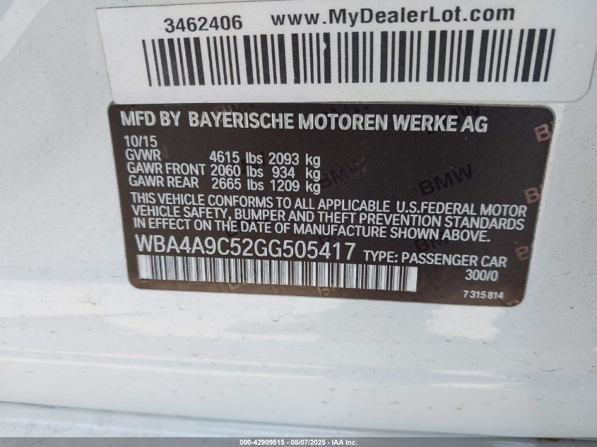 2016 BMW 428I Gran Coupe VIN: WBA4A9C52GG505417 Lot: 42909515