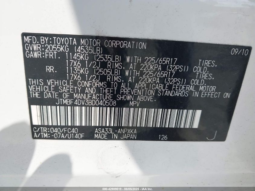 2011 Toyota Rav4 VIN: JTMBF4DV3BD040508 Lot: 42909519