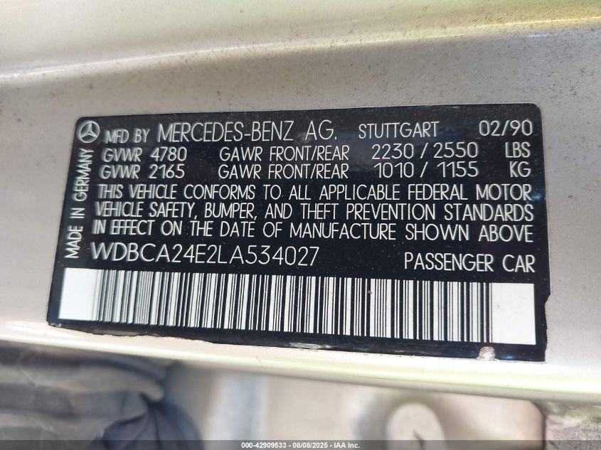 1990 Mercedes-Benz 300 Se VIN: WDBCA24E2LA534027 Lot: 42909533