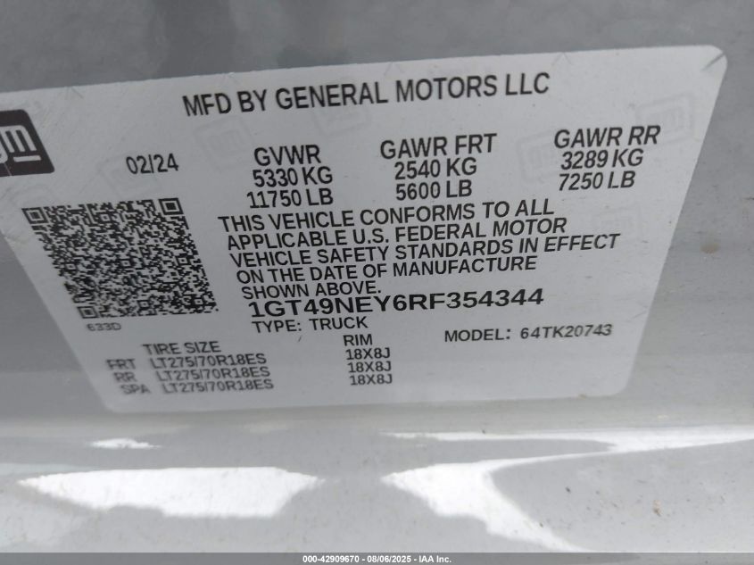 2024 GMC Sierra 2500Hd 4Wd Standard Bed Slt VIN: 1GT49NEY6RF354344 Lot: 42909670