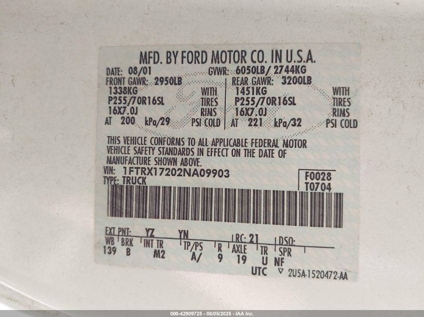2002 Ford F150 VIN: 1FTRX1702NA09903 Lot: 42909725