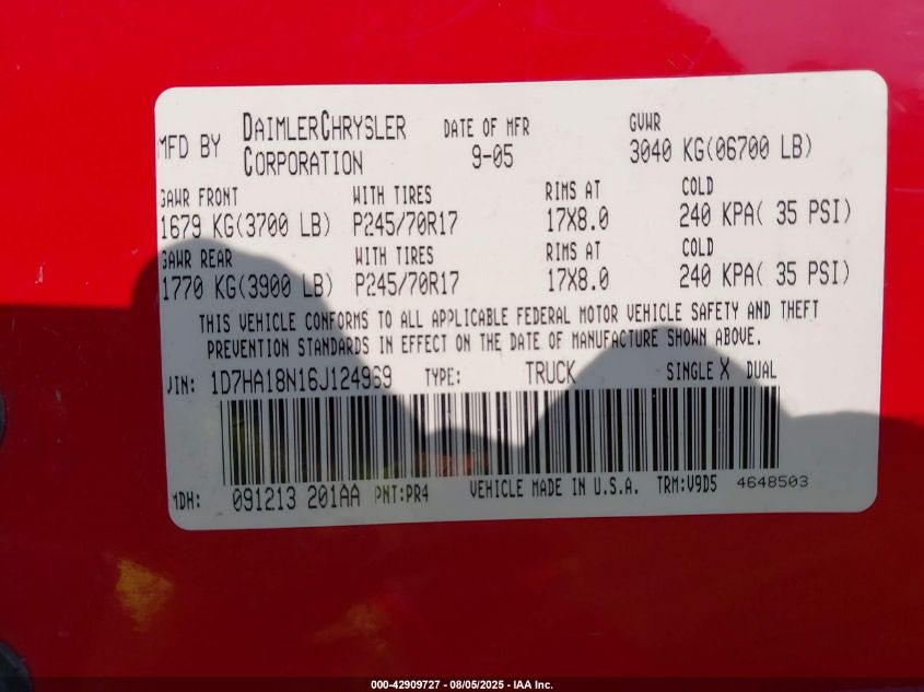 2006 Dodge Ram 1500 Slt VIN: 1D7HA18N16J12496 Lot: 42909727