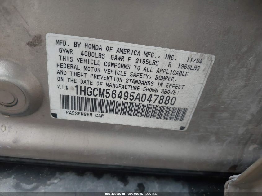2005 Honda Accord 2.4 Lx VIN: 1HGCM56495A047880 Lot: 42909738