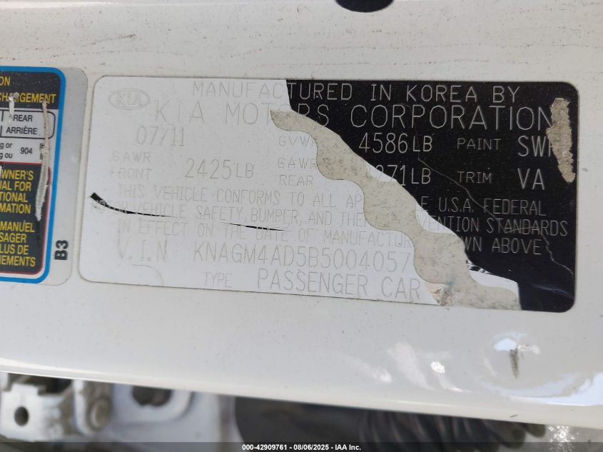 2011 Kia Optima Hybrid Ex VIN: KNAGM4AD5B5004057 Lot: 42909761