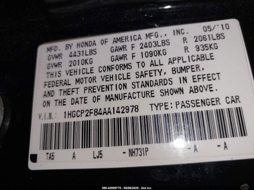 2010 Honda Accord 2.4 Ex-L VIN: 1HGCP2F84AA142978 Lot: 42909775