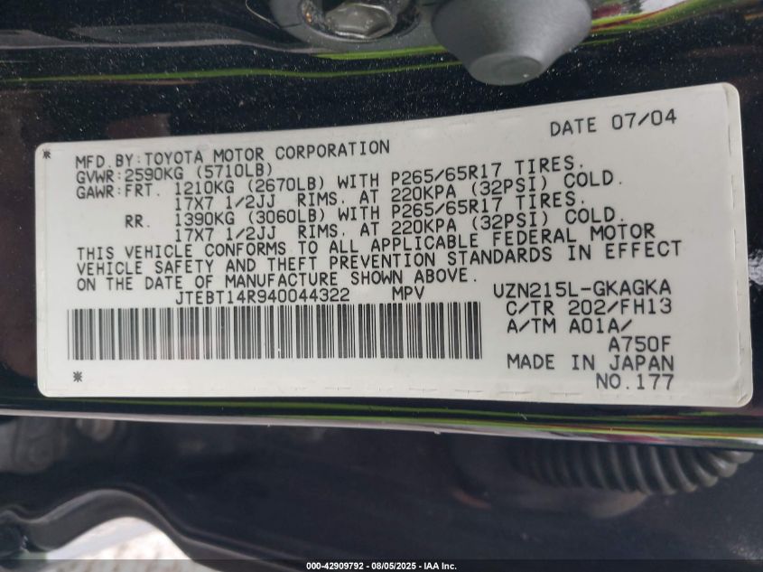 2004 Toyota 4Runner Sr5 Sport V8 VIN: JTEBT14R940044322 Lot: 42909792