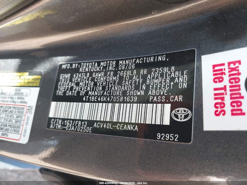 2007 Toyota Camry VIN: 4TBE46K47U581639 Lot: 42909952